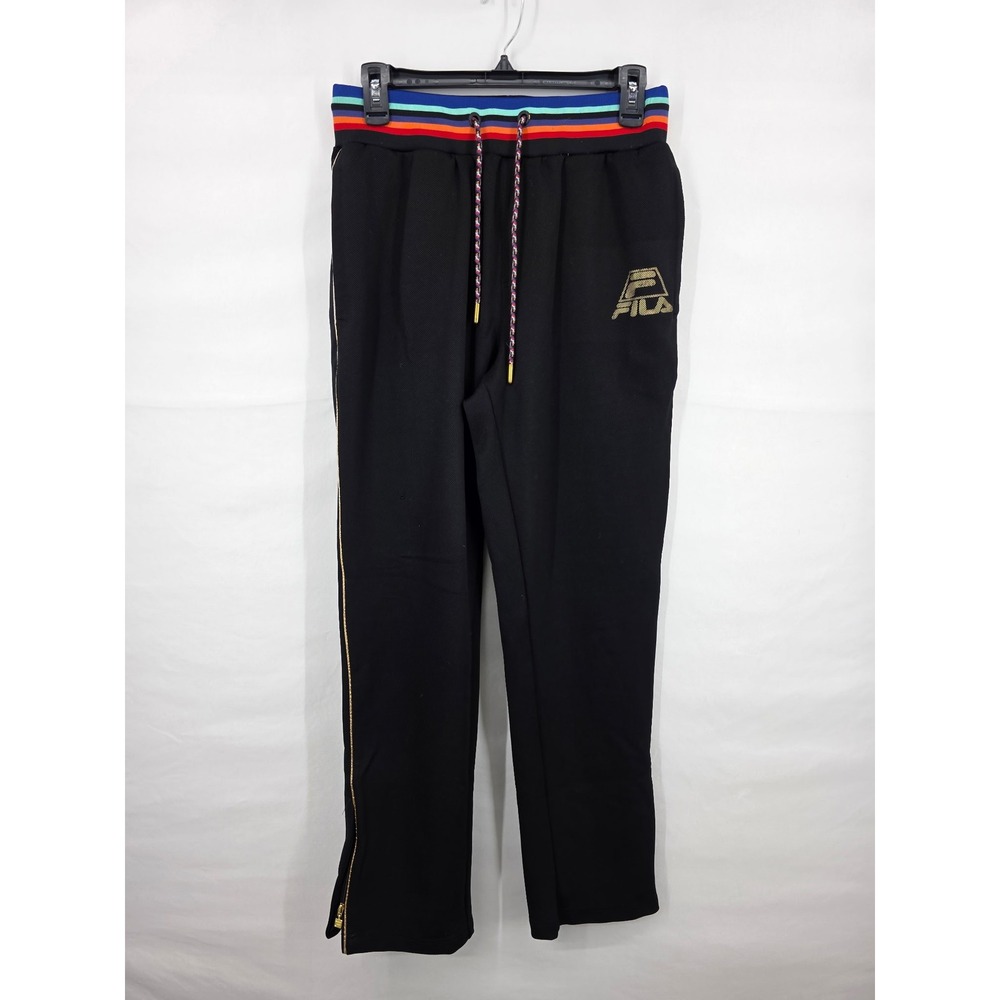Fila Womens Black Rainbow Waistband Track Pants Gold Logo Ankle Zip Small